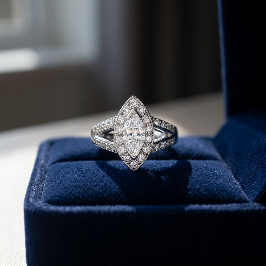 Marquise cut diamond halo engagement ring in 18ct white gold — Diamond Imports Australia. © Diamond Imports 2026