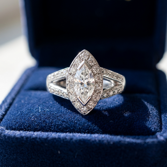 Marquise cut diamond halo engagement ring in 18ct white gold — Diamond Imports Australia. © Diamond Imports 2026