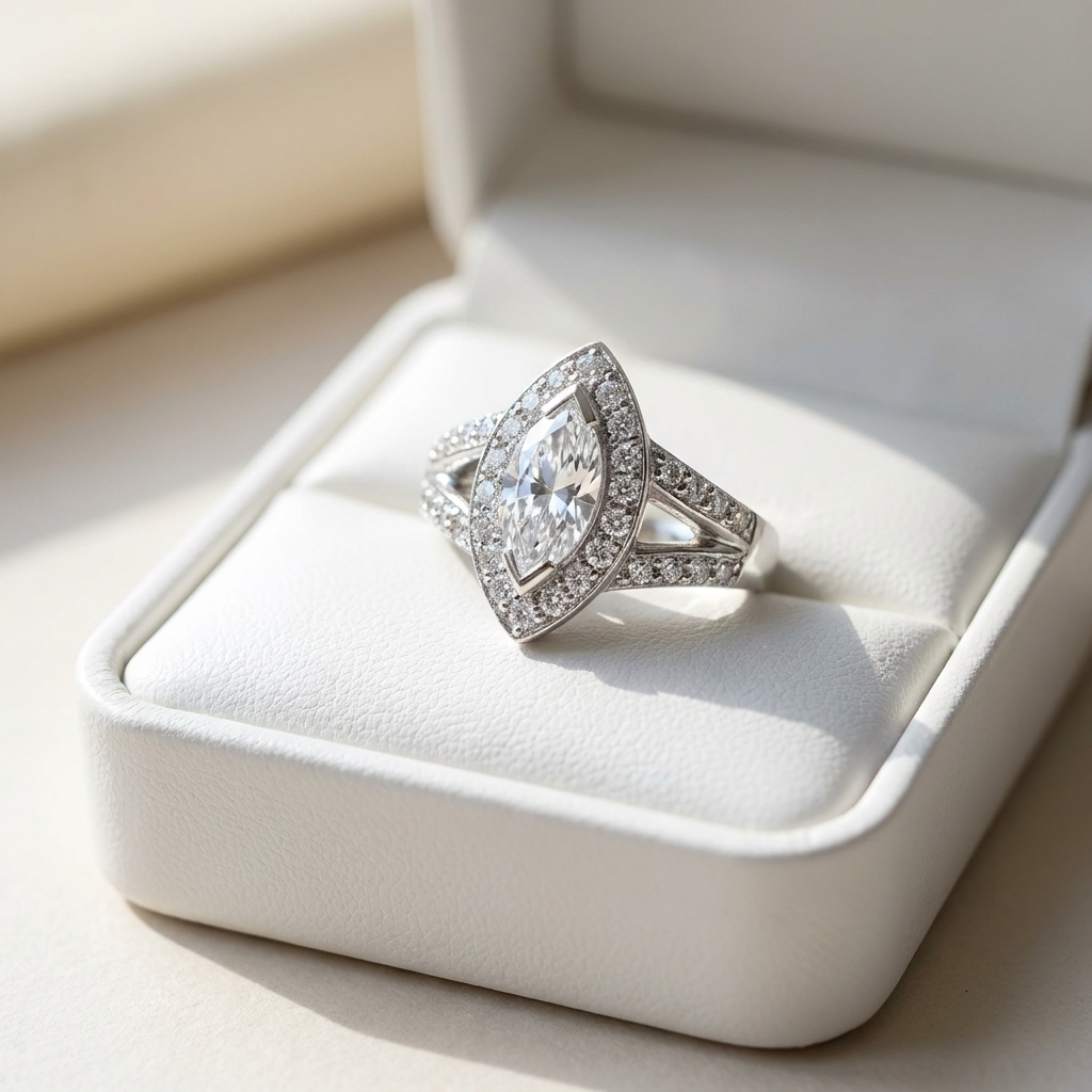 Marquise cut diamond halo engagement ring in 18ct white gold — Diamond Imports Australia. © Diamond Imports 2026