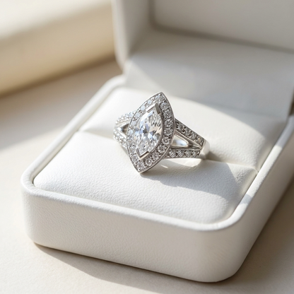 Marquise cut diamond halo engagement ring in 18ct white gold — Diamond Imports Australia. © Diamond Imports 2026