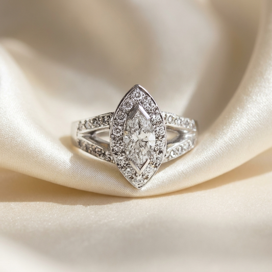 Marquise cut diamond halo engagement ring in 18ct white gold — Diamond Imports Australia. © Diamond Imports 2026
