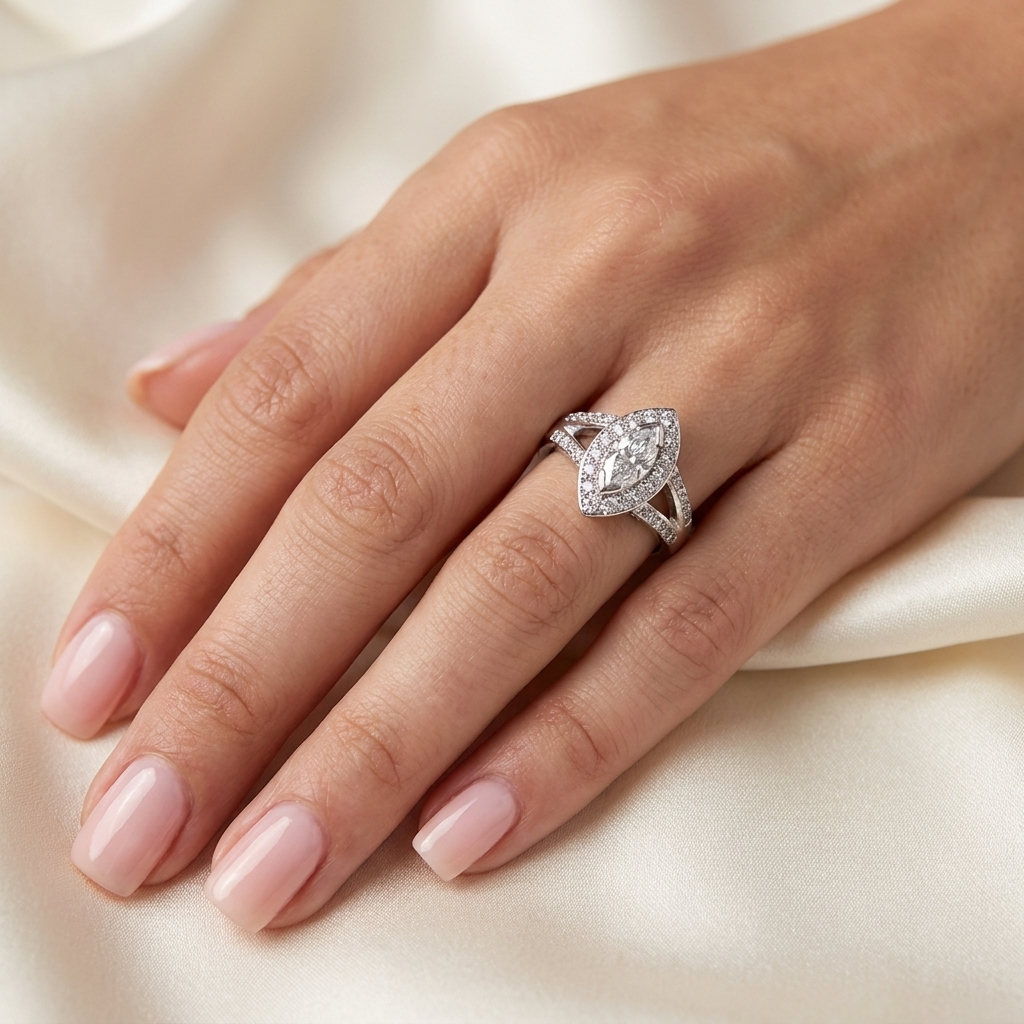 Marquise cut diamond halo engagement ring in 18ct white gold — Diamond Imports Australia. © Diamond Imports 2026