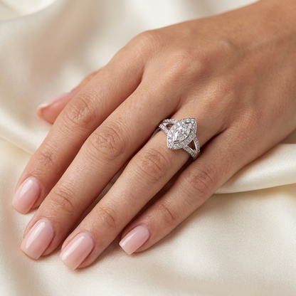 Marquise cut diamond halo engagement ring in 18ct white gold — Diamond Imports Australia. © Diamond Imports 2026