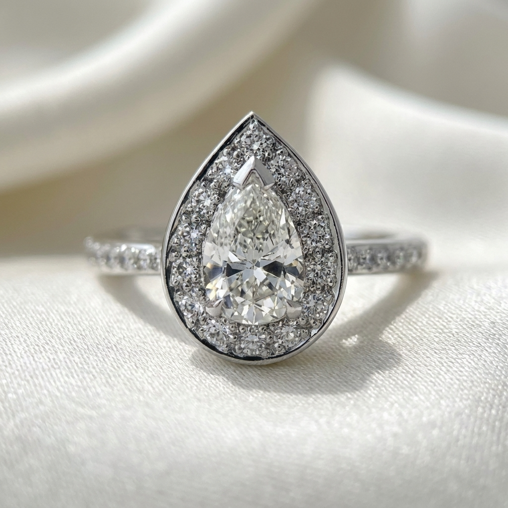 Pear cut diamond halo engagement ring in 18ct white gold — Diamond Imports Australia. © Diamond Imports 2026