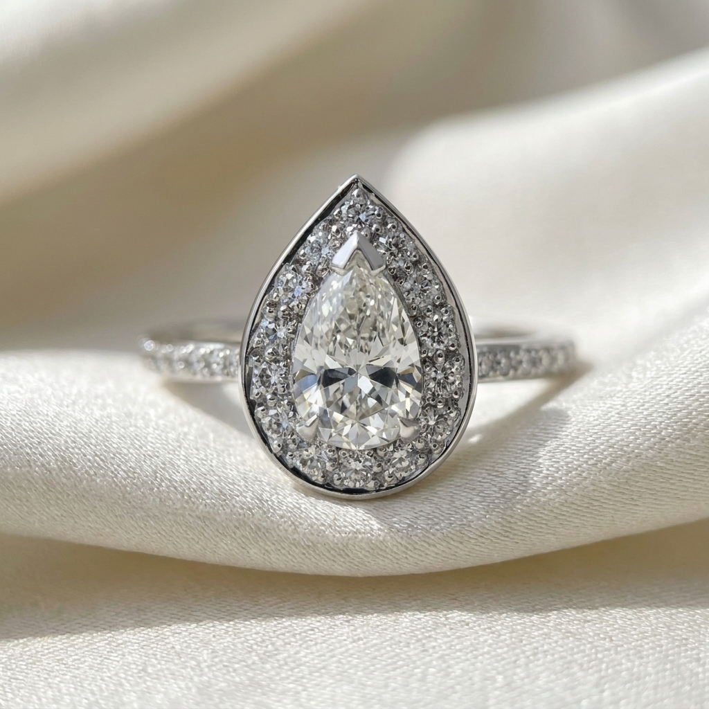 Pear cut diamond halo engagement ring in 18ct white gold — Diamond Imports Australia. © Diamond Imports 2026