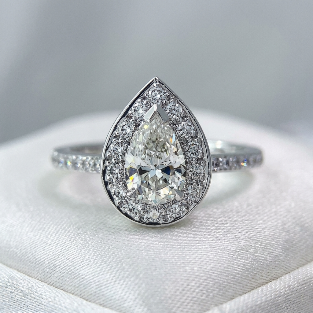 Pear cut diamond halo engagement ring in 18ct white gold — Diamond Imports Australia. © Diamond Imports 2026