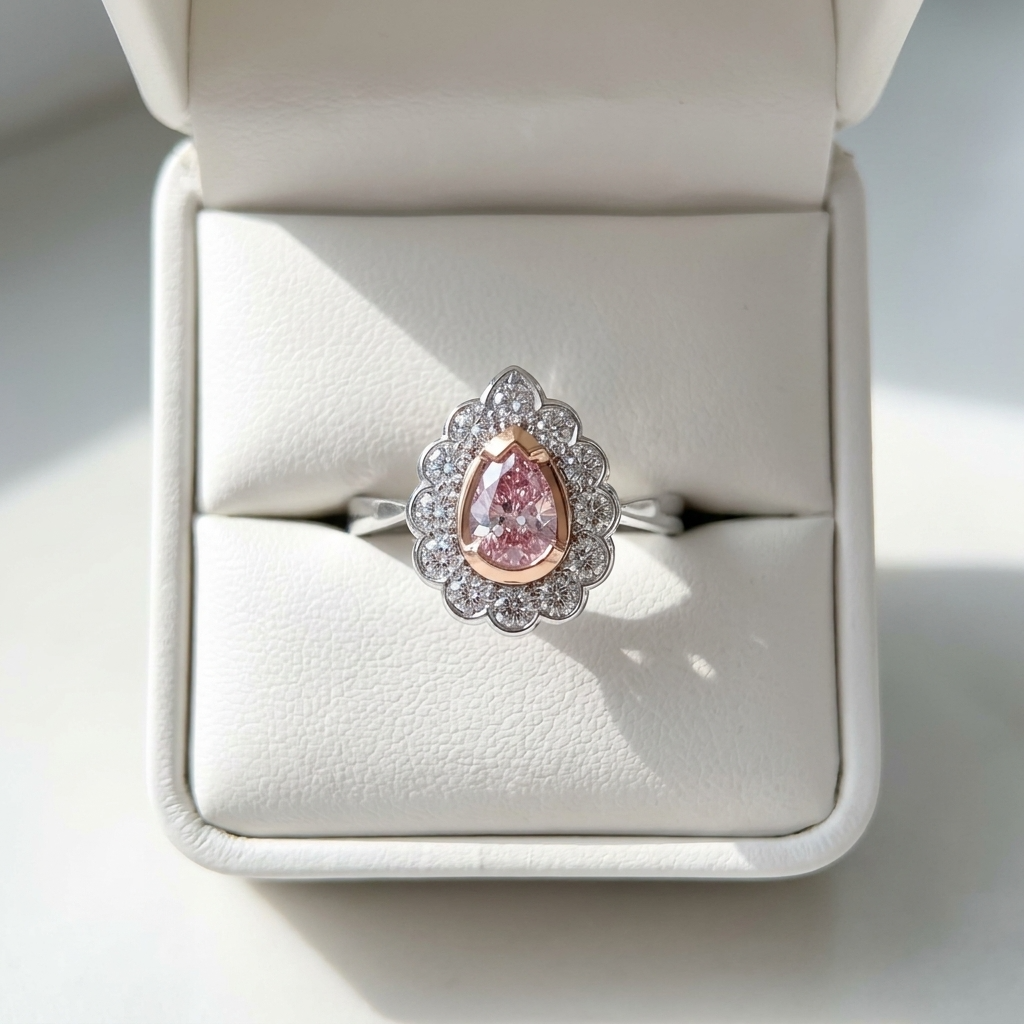 Pear-shaped natural pink diamond halo engagement ring in 18ct pink and white gold — Diamond Imports Australia. © Diamond Imports 2026