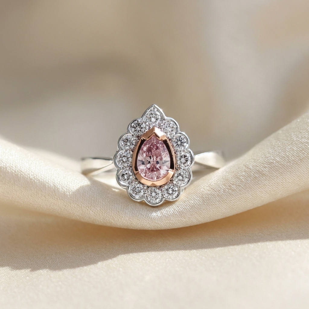 Pear-shaped natural pink diamond halo engagement ring in 18ct pink and white gold — Diamond Imports Australia. © Diamond Imports 2026