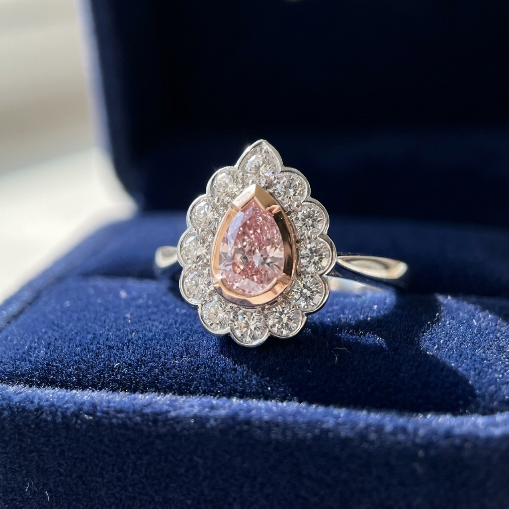 Pear-shaped natural pink diamond halo engagement ring in 18ct pink and white gold — Diamond Imports Australia. © Diamond Imports 2026