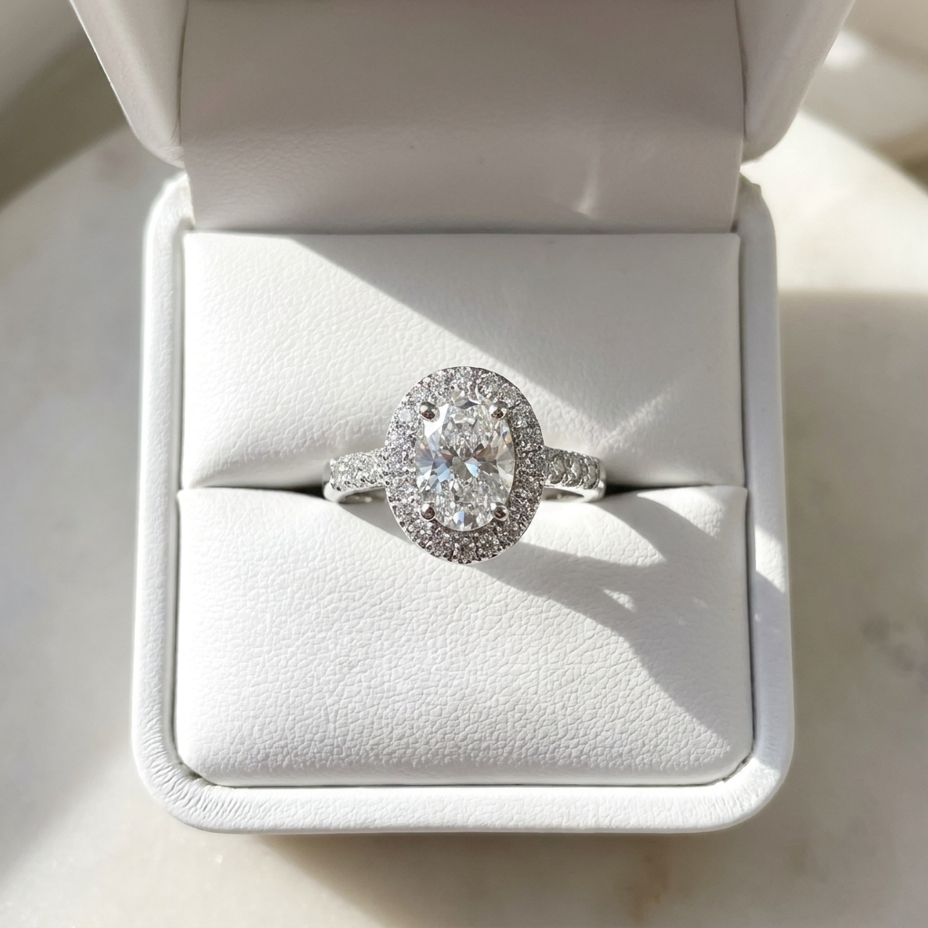 Oval diamond halo engagement ring in 18ct white gold — Diamond Imports Australia. © Diamond Imports 2026