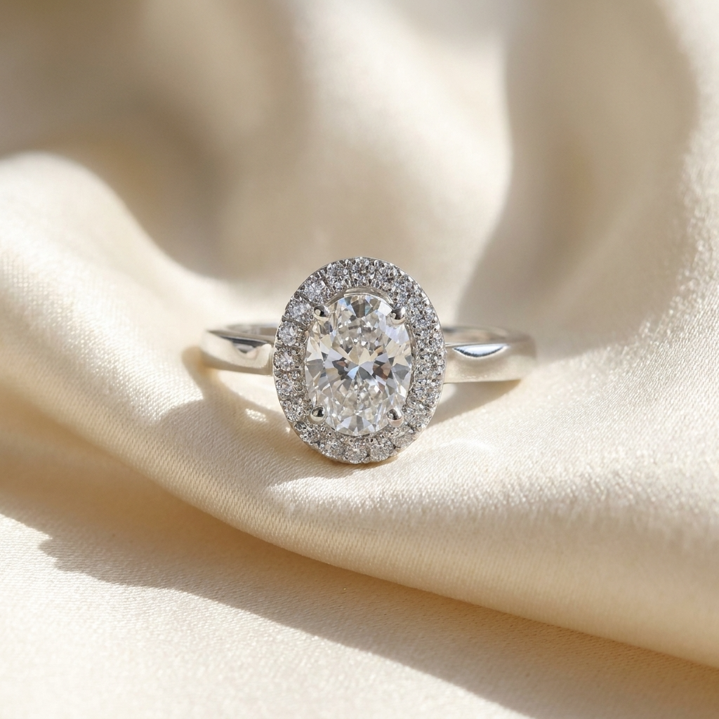 Oval diamond halo engagement ring in 18ct white gold — Diamond Imports Australia. © Diamond Imports 2026
