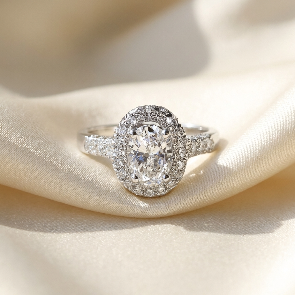 Oval diamond halo engagement ring in 18ct white gold — Diamond Imports Australia. © Diamond Imports 2026