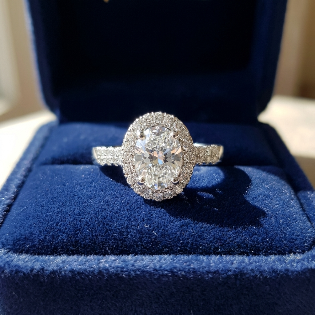 Oval diamond halo engagement ring in 18ct white gold — Diamond Imports Australia. © Diamond Imports 2026