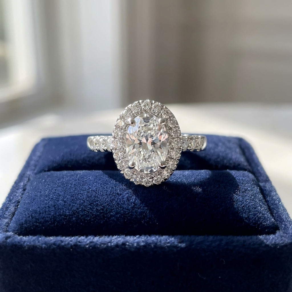 Oval diamond halo engagement ring in 18ct white gold — Diamond Imports Australia. © Diamond Imports 2026