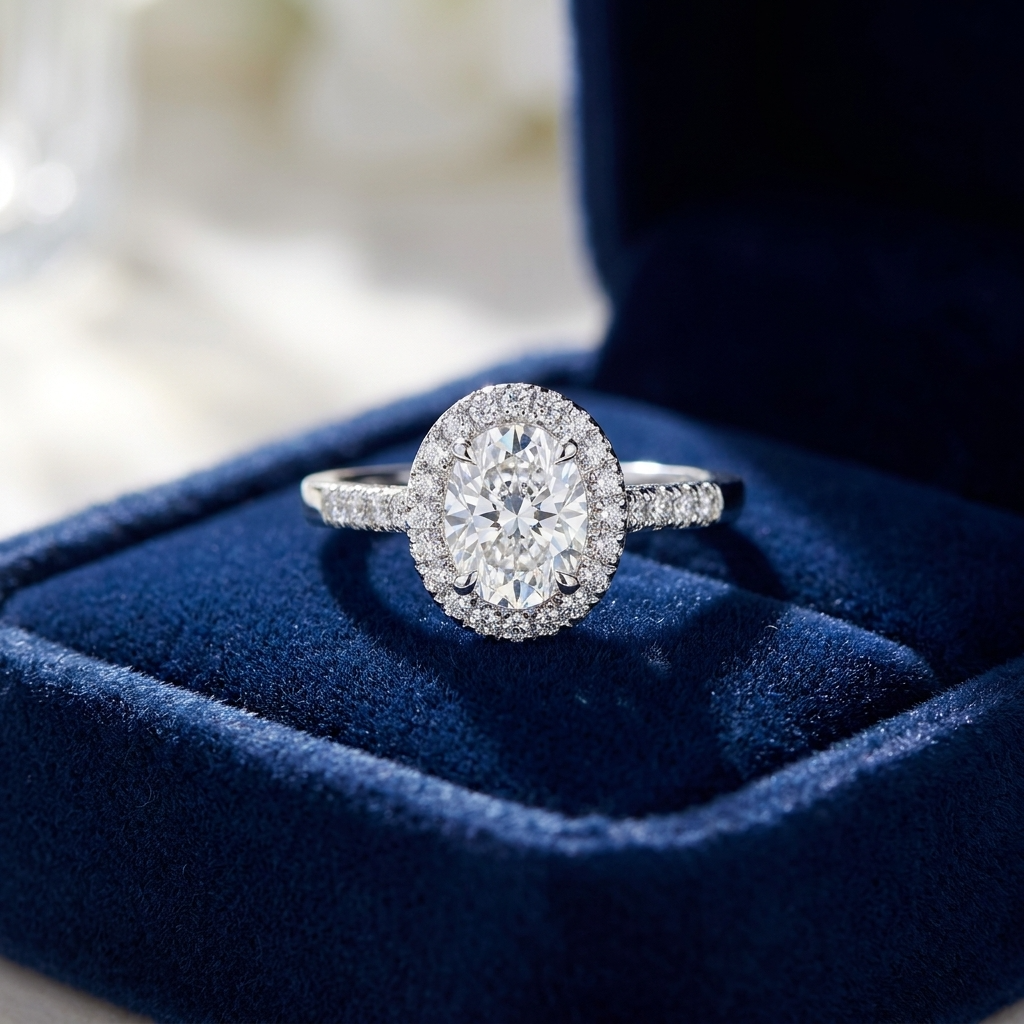 Oval diamond halo engagement ring in 18ct white gold — Diamond Imports Australia. © Diamond Imports 2026