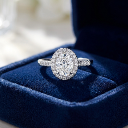 Oval diamond halo engagement ring in 18ct white gold — Diamond Imports Australia. © Diamond Imports 2026