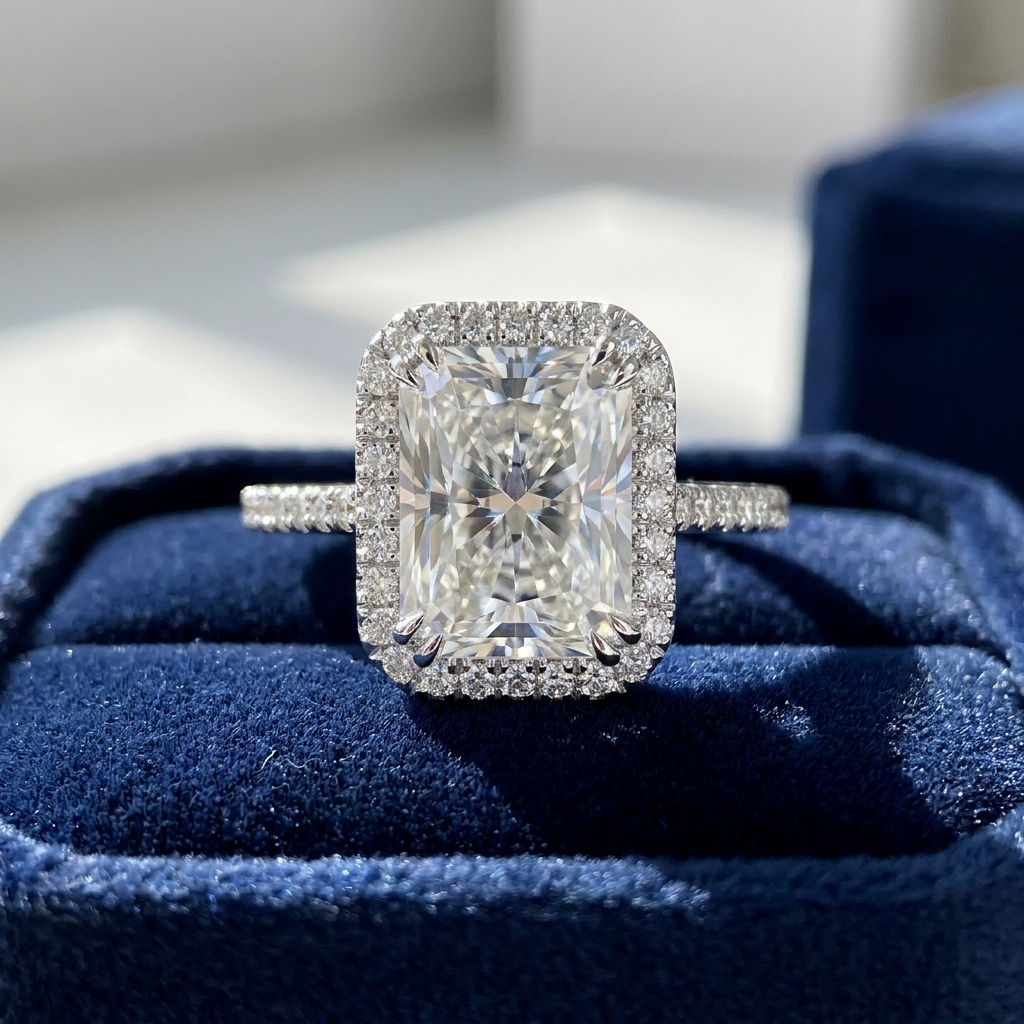 Radiant cut diamond halo engagement ring in 18ct white gold — Diamond Imports Australia. © Diamond Imports 2026