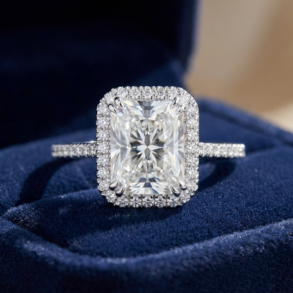 Radiant cut diamond halo engagement ring in 18ct white gold — Diamond Imports Australia. © Diamond Imports 2026
