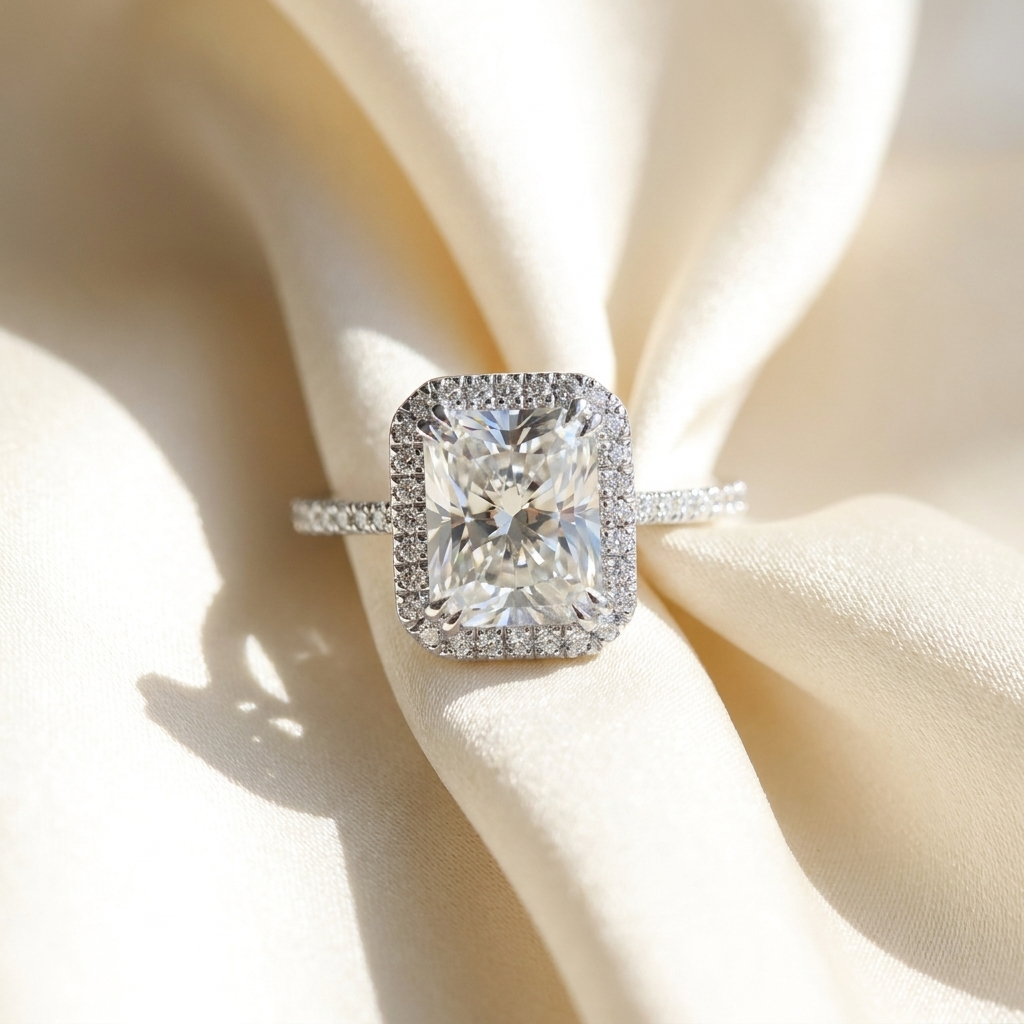 Radiant cut diamond halo engagement ring in 18ct white gold — Diamond Imports Australia. © Diamond Imports 2026