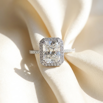 Radiant cut diamond halo engagement ring in 18ct white gold — Diamond Imports Australia. © Diamond Imports 2026