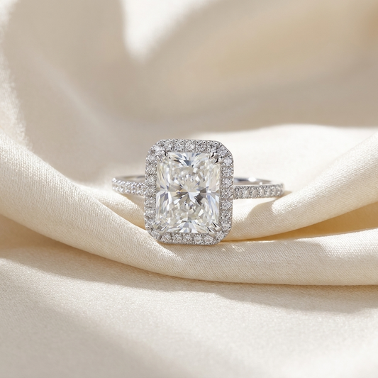 Radiant cut diamond halo engagement ring in 18ct white gold — Diamond Imports Australia. © Diamond Imports 2026