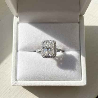 Radiant cut diamond halo engagement ring in 18ct white gold — Diamond Imports Australia. © Diamond Imports 2026