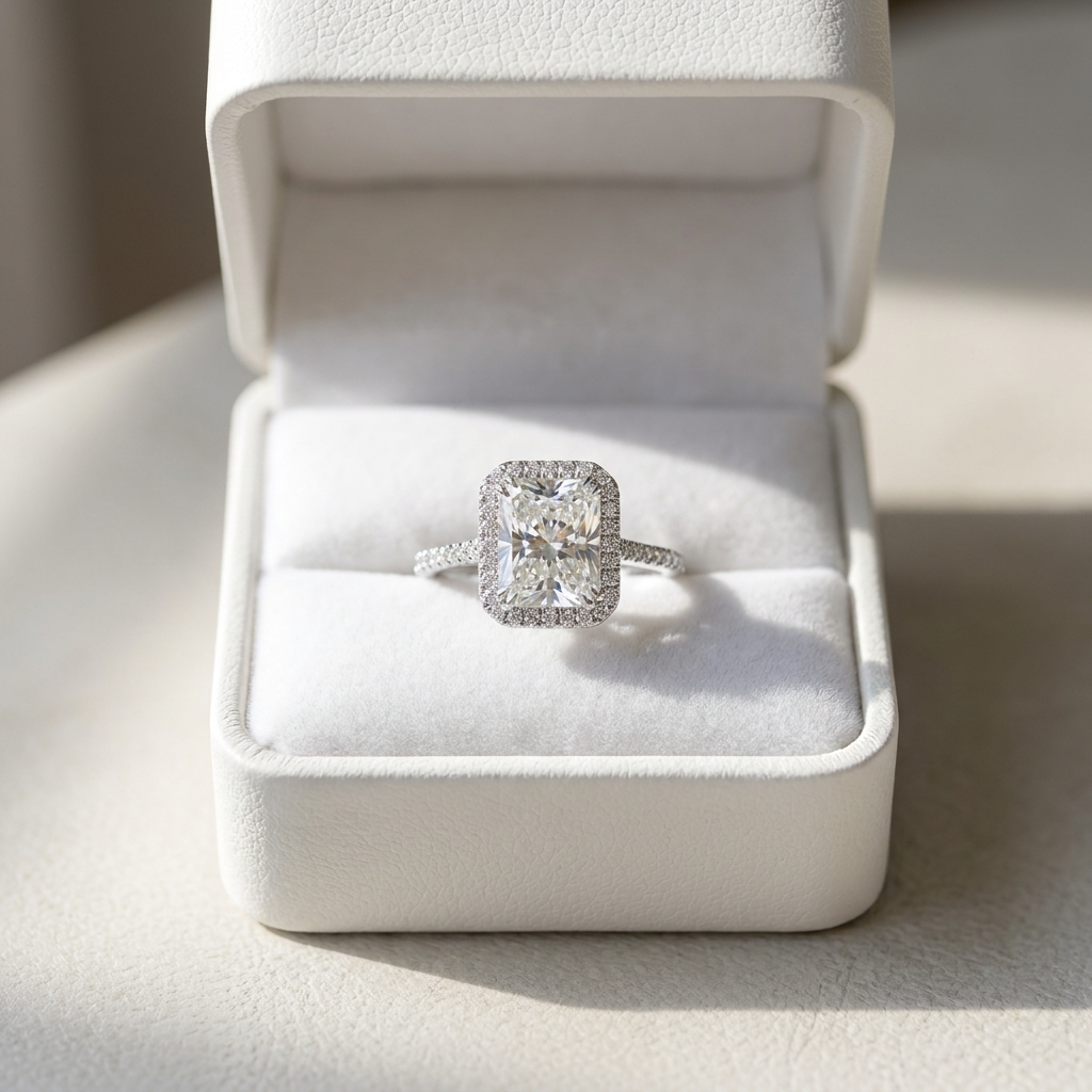 Radiant cut diamond halo engagement ring in 18ct white gold — Diamond Imports Australia. © Diamond Imports 2026