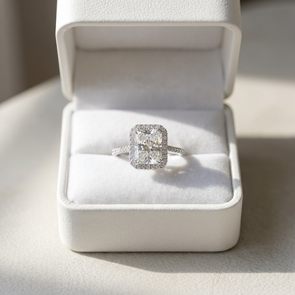 Radiant cut diamond halo engagement ring in 18ct white gold — Diamond Imports Australia. © Diamond Imports 2026