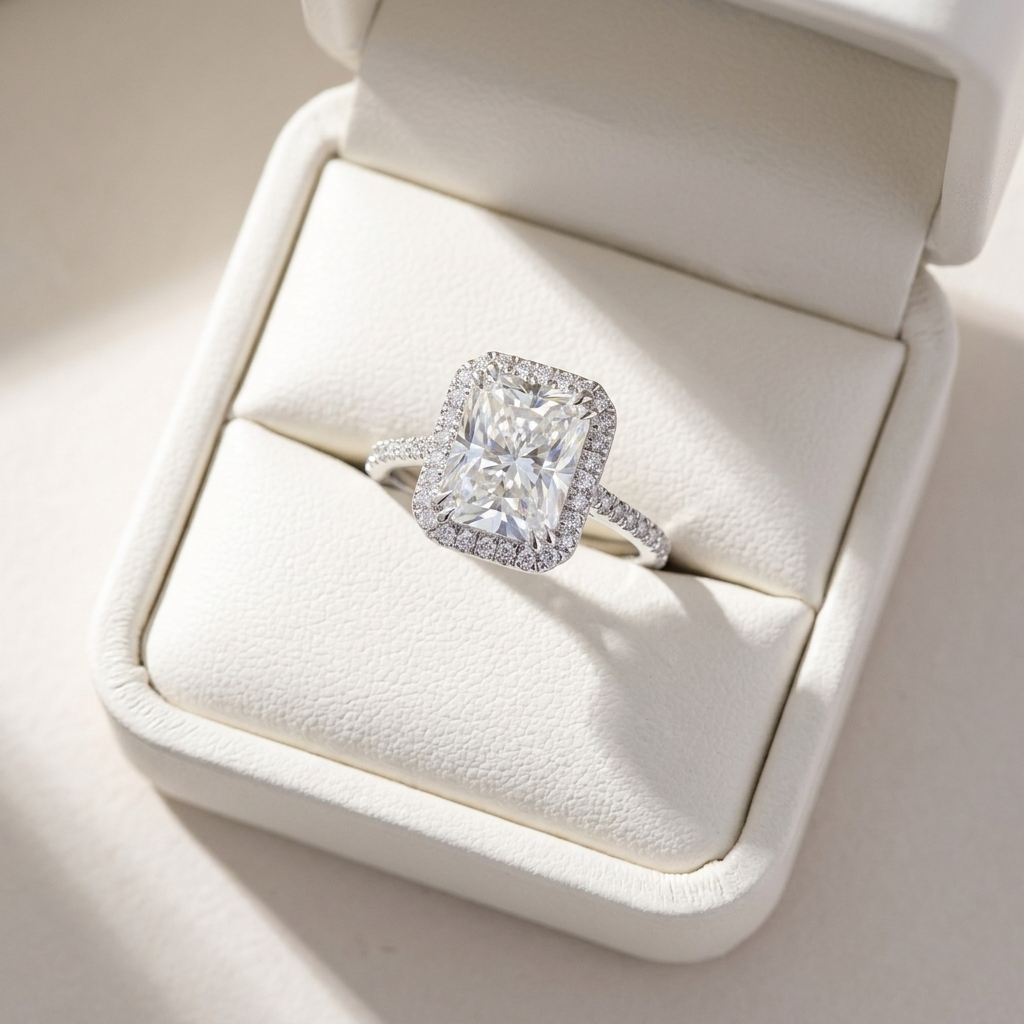 Radiant cut diamond halo engagement ring in 18ct white gold — Diamond Imports Australia. © Diamond Imports 2026