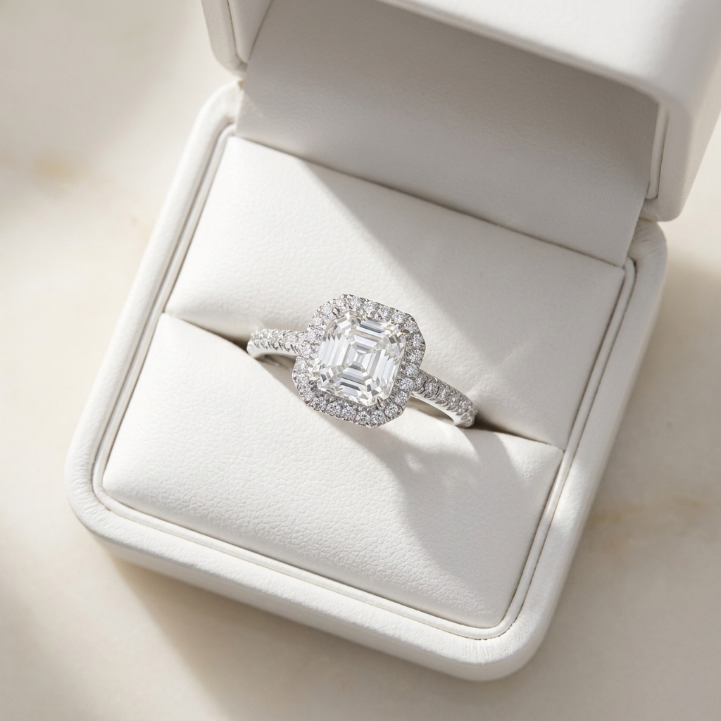 Asscher cut diamond halo engagement ring in 18ct white gold — Diamond Imports Australia. © Diamond Imports 2026