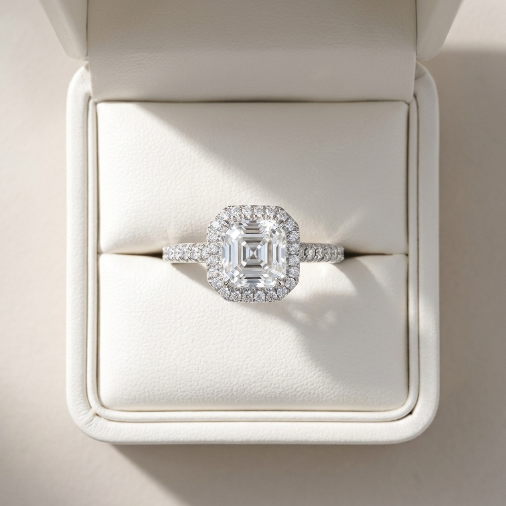 Asscher cut diamond halo engagement ring in 18ct white gold — Diamond Imports Australia. © Diamond Imports 2026
