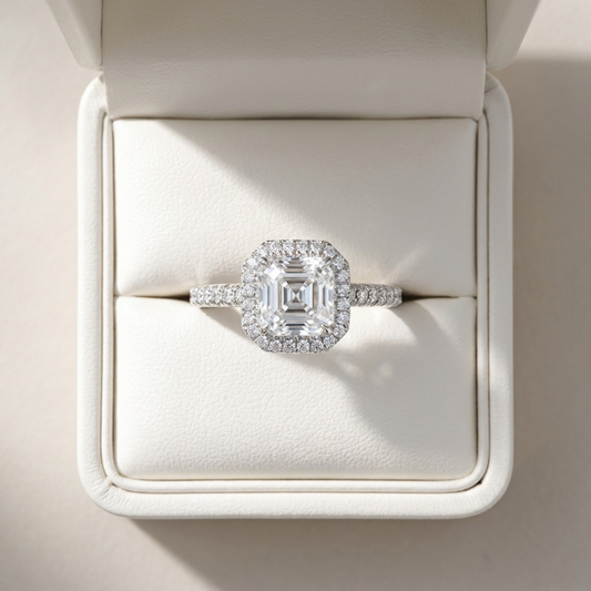 Asscher cut diamond halo engagement ring in 18ct white gold — Diamond Imports Australia. © Diamond Imports 2026