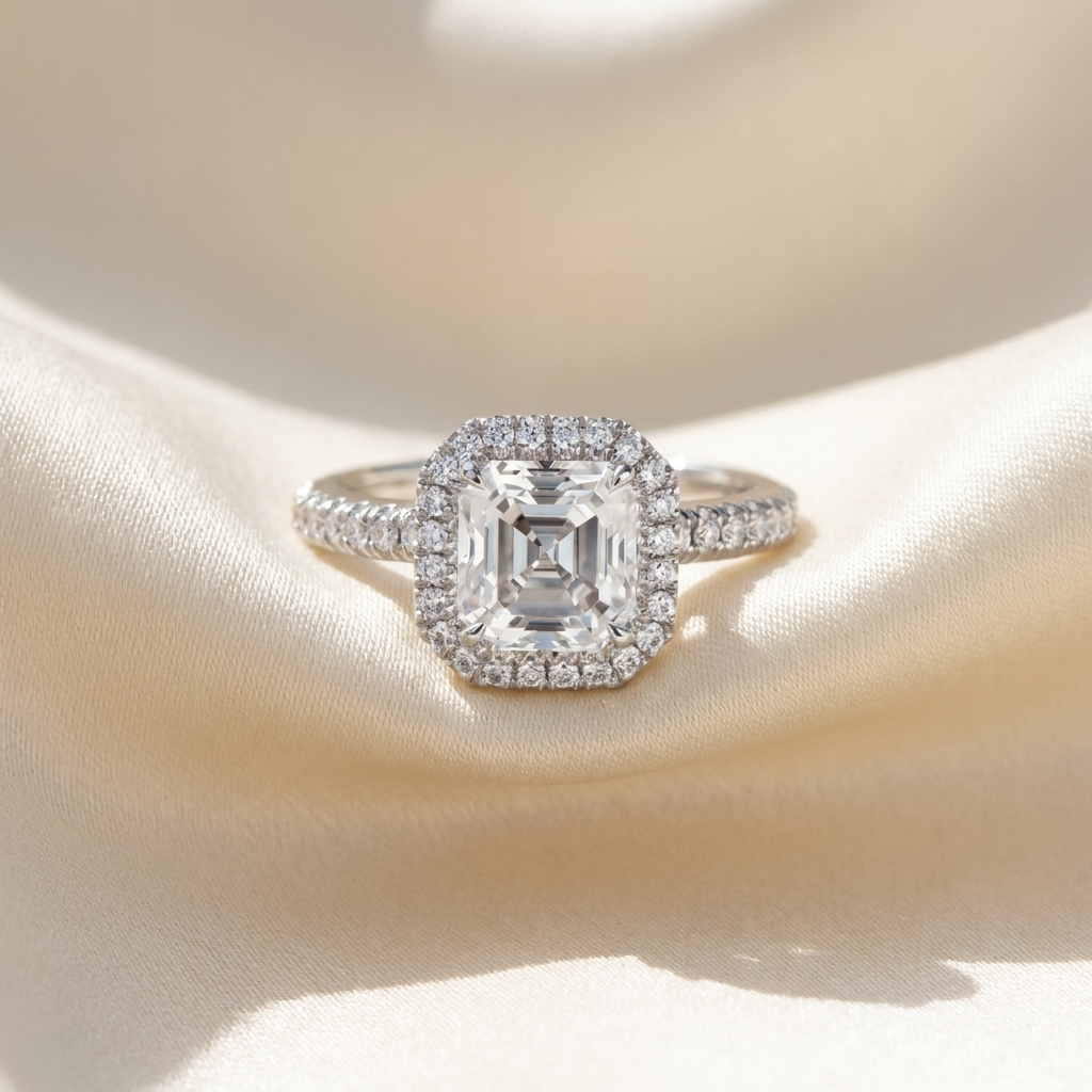 Asscher cut diamond halo engagement ring in 18ct white gold — Diamond Imports Australia. © Diamond Imports 2026