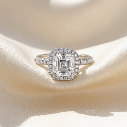 Asscher cut diamond halo engagement ring in 18ct white gold — Diamond Imports Australia. © Diamond Imports 2026