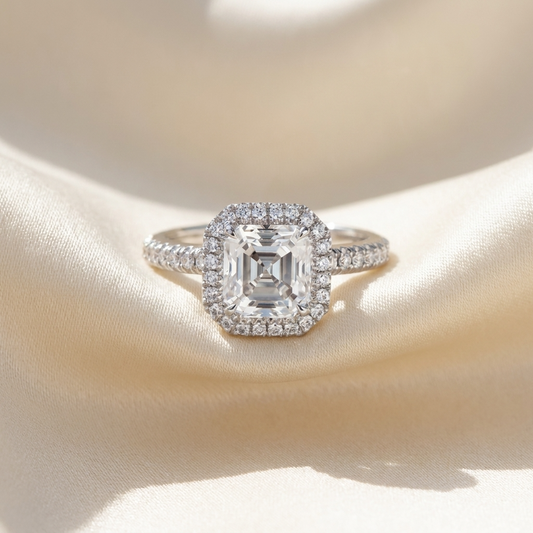 Asscher cut diamond halo engagement ring in 18ct white gold — Diamond Imports Australia. © Diamond Imports 2026
