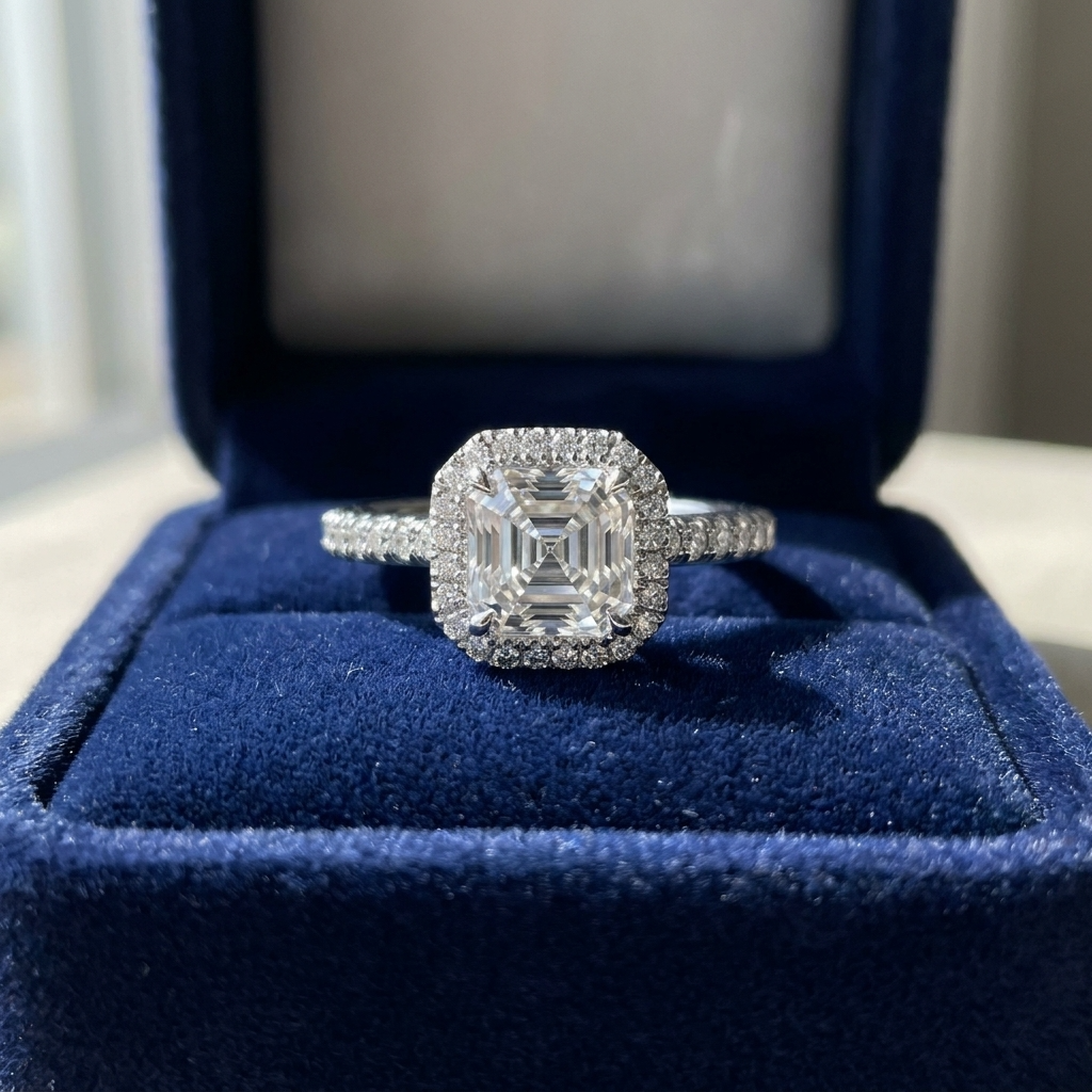 Asscher cut diamond halo engagement ring in 18ct white gold — Diamond Imports Australia. © Diamond Imports 2026