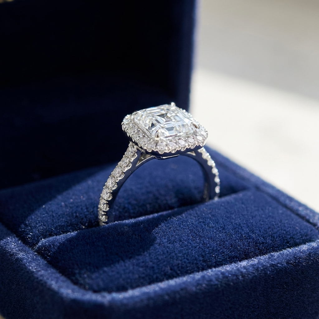 Asscher cut diamond halo engagement ring in 18ct white gold — Diamond Imports Australia. © Diamond Imports 2026