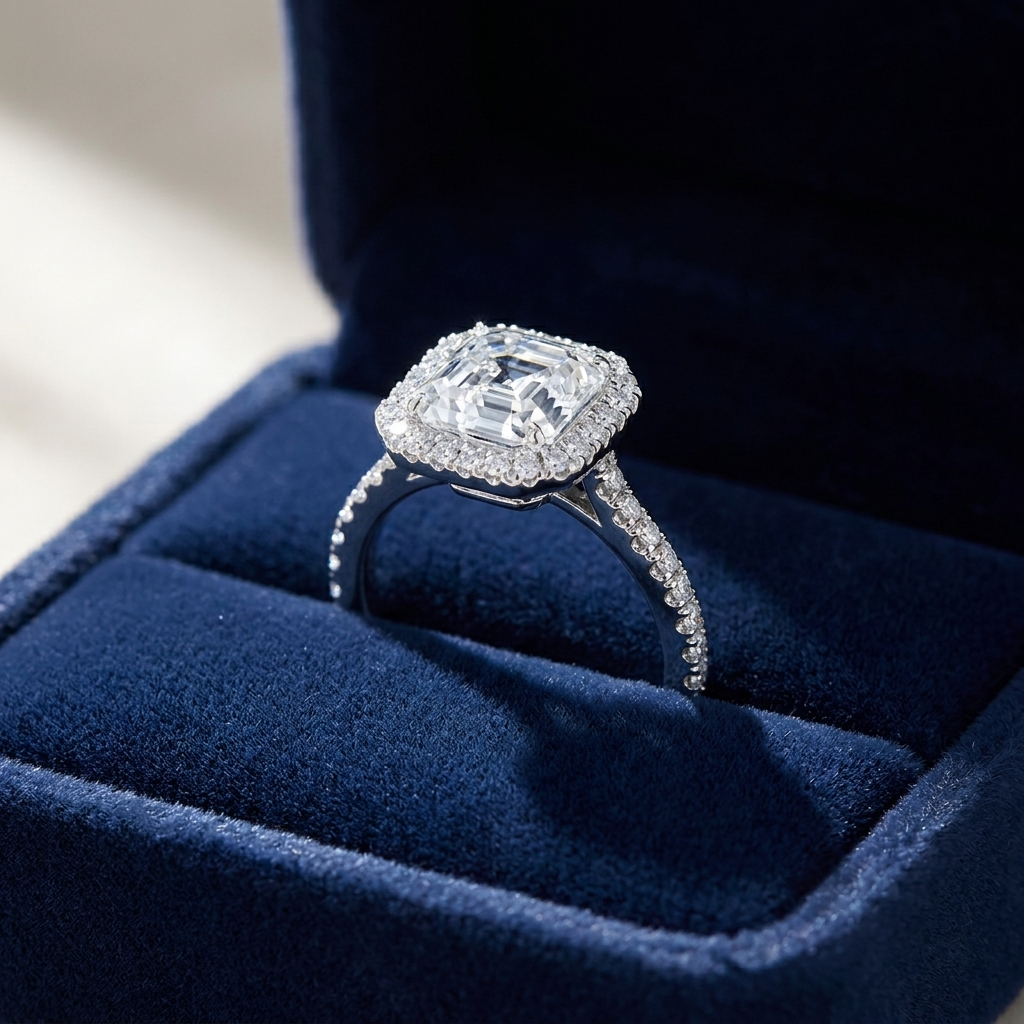 Asscher cut diamond halo engagement ring in 18ct white gold — Diamond Imports Australia. © Diamond Imports 2026
