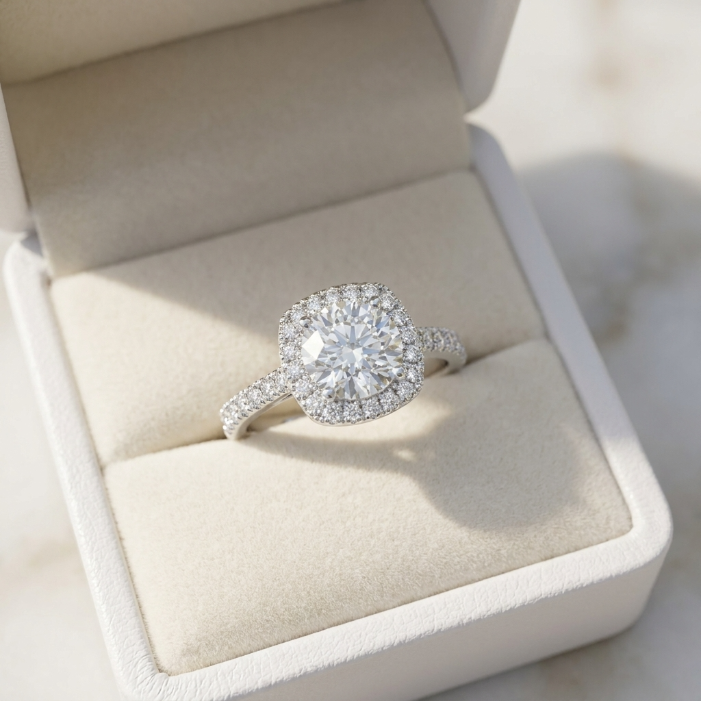 Round brilliant diamond halo engagement ring in 18ct white gold — Diamond Imports Australia. © Diamond Imports 2026