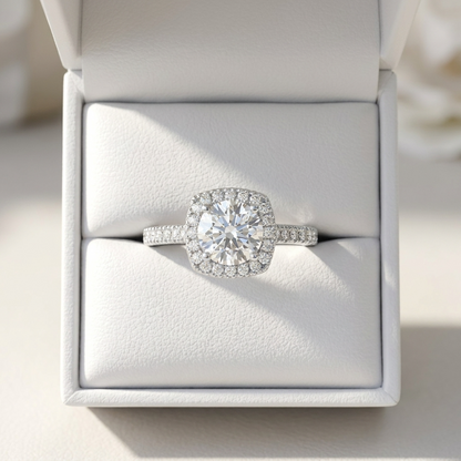 Round brilliant diamond halo engagement ring in 18ct white gold — Diamond Imports Australia. © Diamond Imports 2026