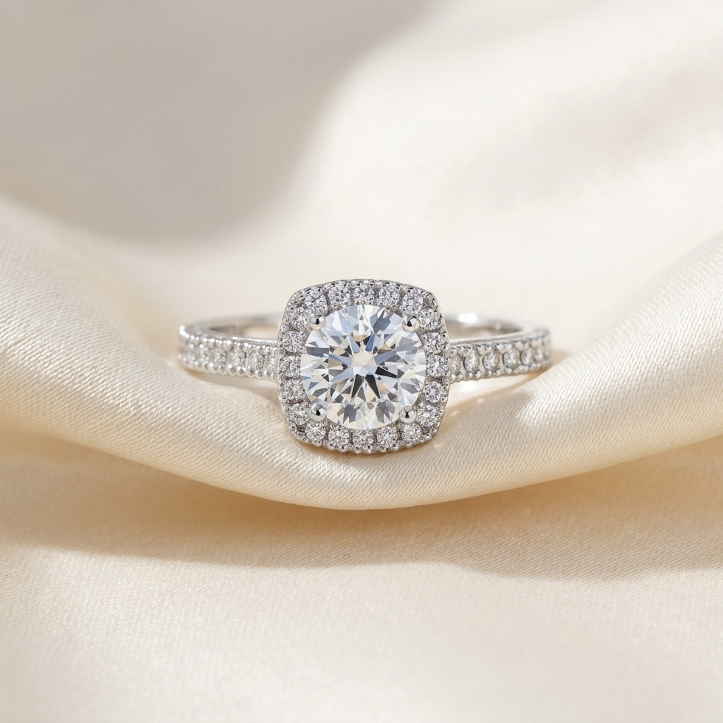 Round brilliant diamond halo engagement ring in 18ct white gold — Diamond Imports Australia. © Diamond Imports 2026