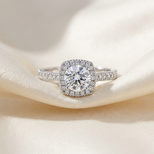 Round brilliant diamond halo engagement ring in 18ct white gold — Diamond Imports Australia. © Diamond Imports 2026