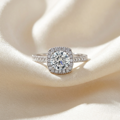 Round brilliant diamond halo engagement ring in 18ct white gold — Diamond Imports Australia. © Diamond Imports 2026