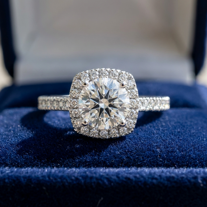 Round brilliant diamond halo engagement ring in 18ct white gold — Diamond Imports Australia. © Diamond Imports 2026