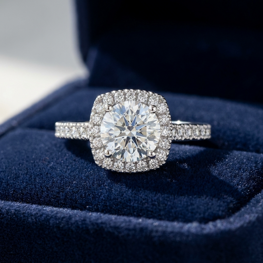 Round brilliant diamond halo engagement ring in 18ct white gold — Diamond Imports Australia. © Diamond Imports 2026