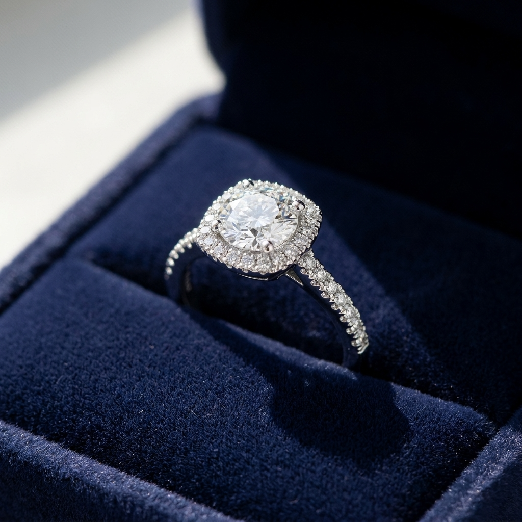 Round brilliant diamond halo engagement ring in 18ct white gold — Diamond Imports Australia. © Diamond Imports 2026