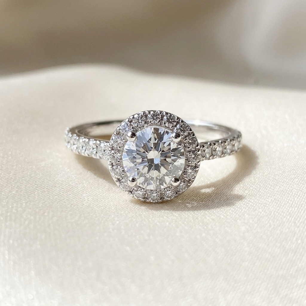 Aster round brilliant diamond halo engagement ring, angled view