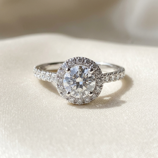 Aster round brilliant diamond halo engagement ring, angled view