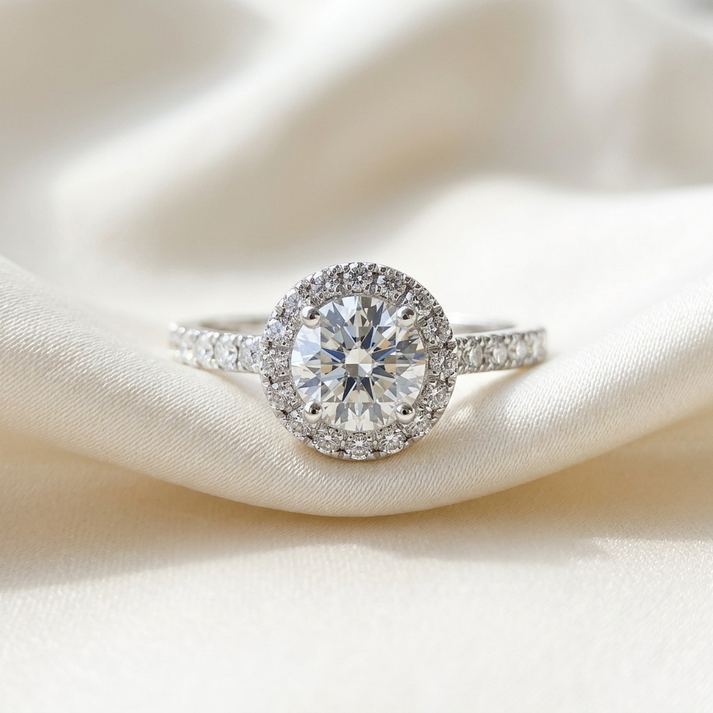 Aster round brilliant diamond halo engagement ring, side view