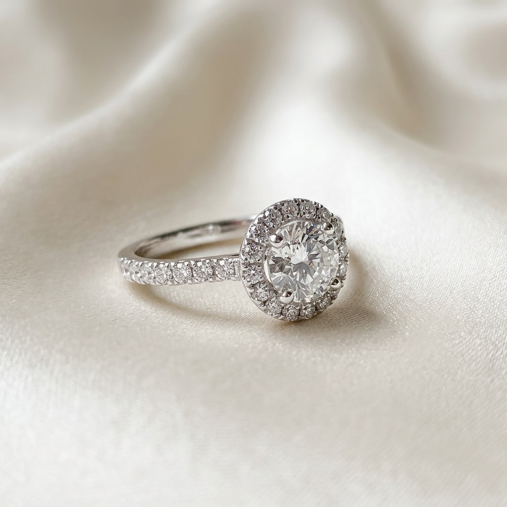 Aster round brilliant diamond halo engagement ring, front view